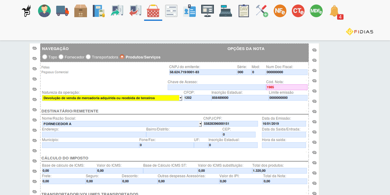 Seção Natureza de Operação