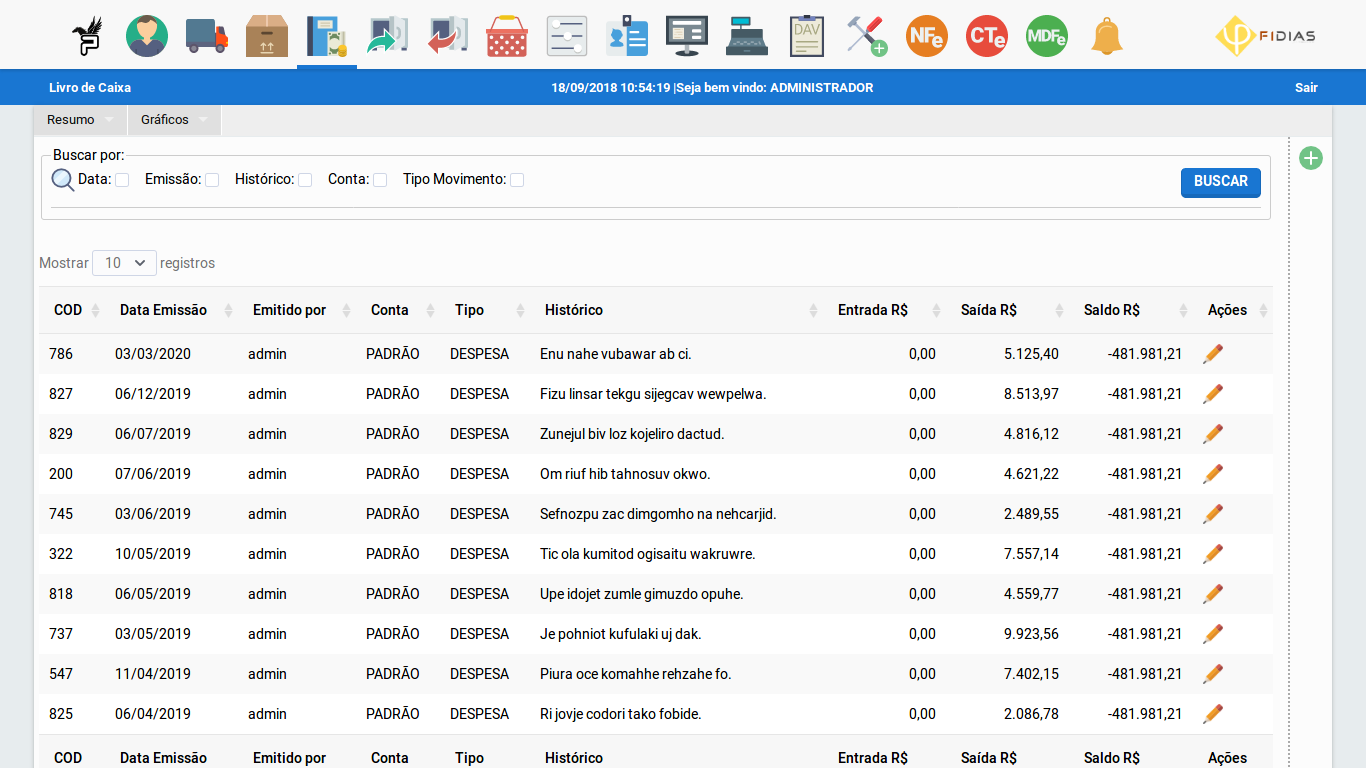 Livro de Caixa Index